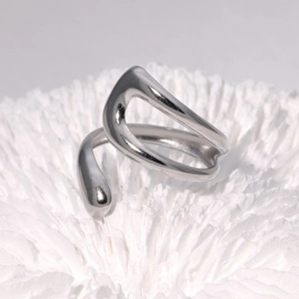 Silver Stainless Steel Wrap Ring Sculptural Liquid Metal‎ Open Bypass Statement